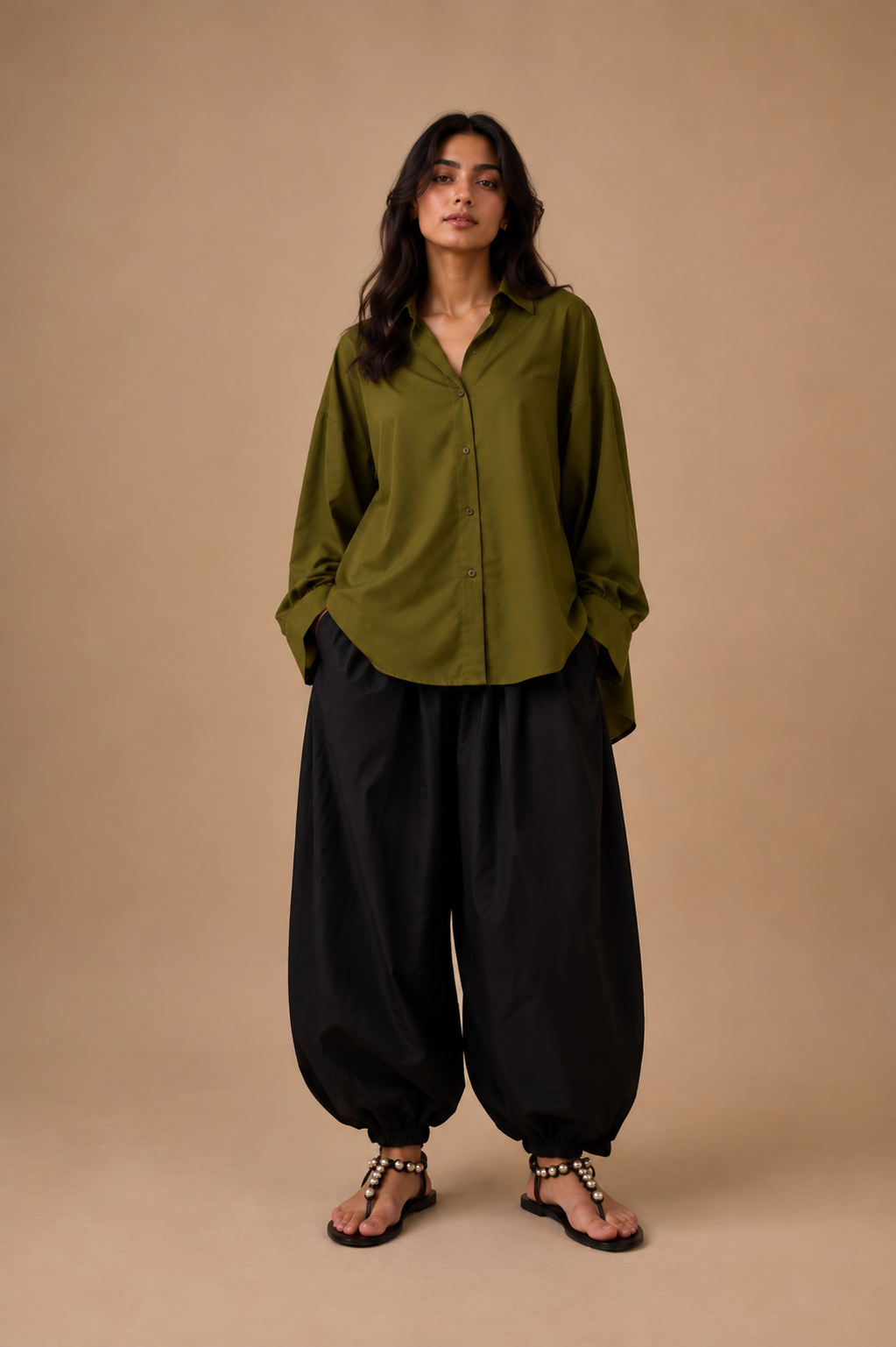 Olive shirt and black pajama set