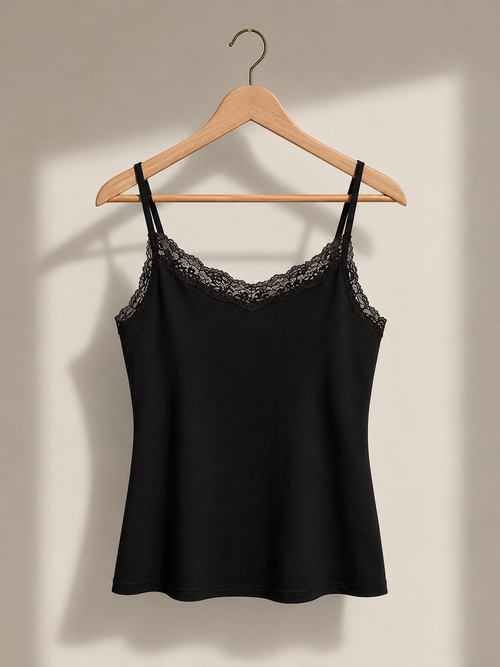 Black lace camisole on wooden hanger
