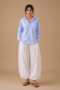 Blue stripe relaxed shirt with white balloon pajama, front view