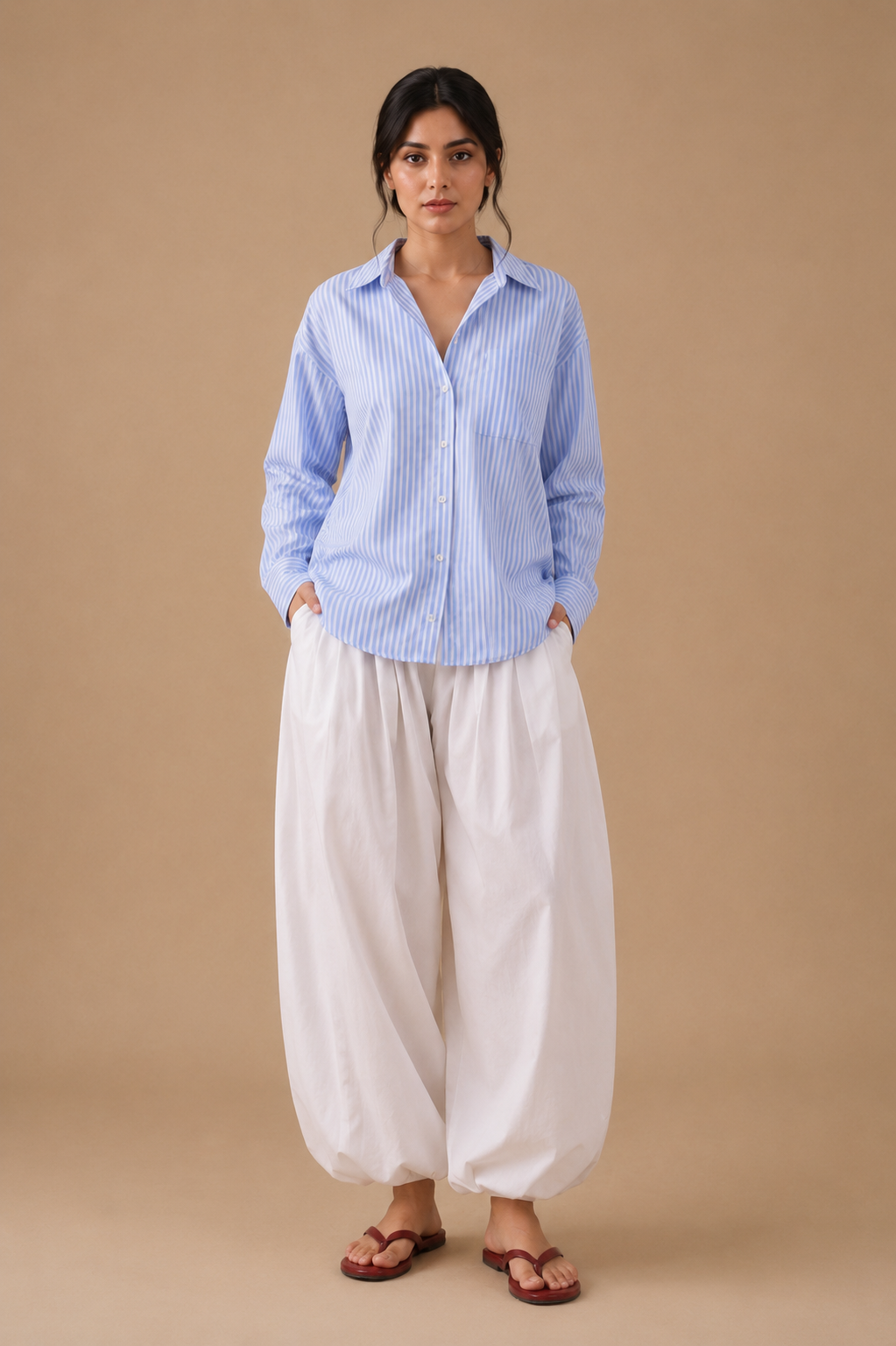Blue stripe relaxed shirt with white balloon pajama, front view