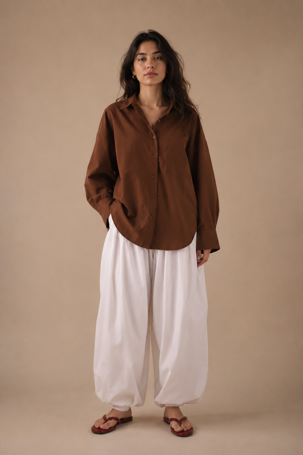 Brown relaxed shirt with white balloon pajama, front view