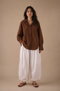 Brown relaxed shirt with white balloon pajama, front view