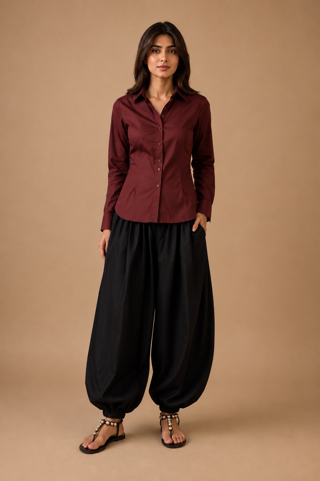 Burgundy shirt with black balloon pajama, front view