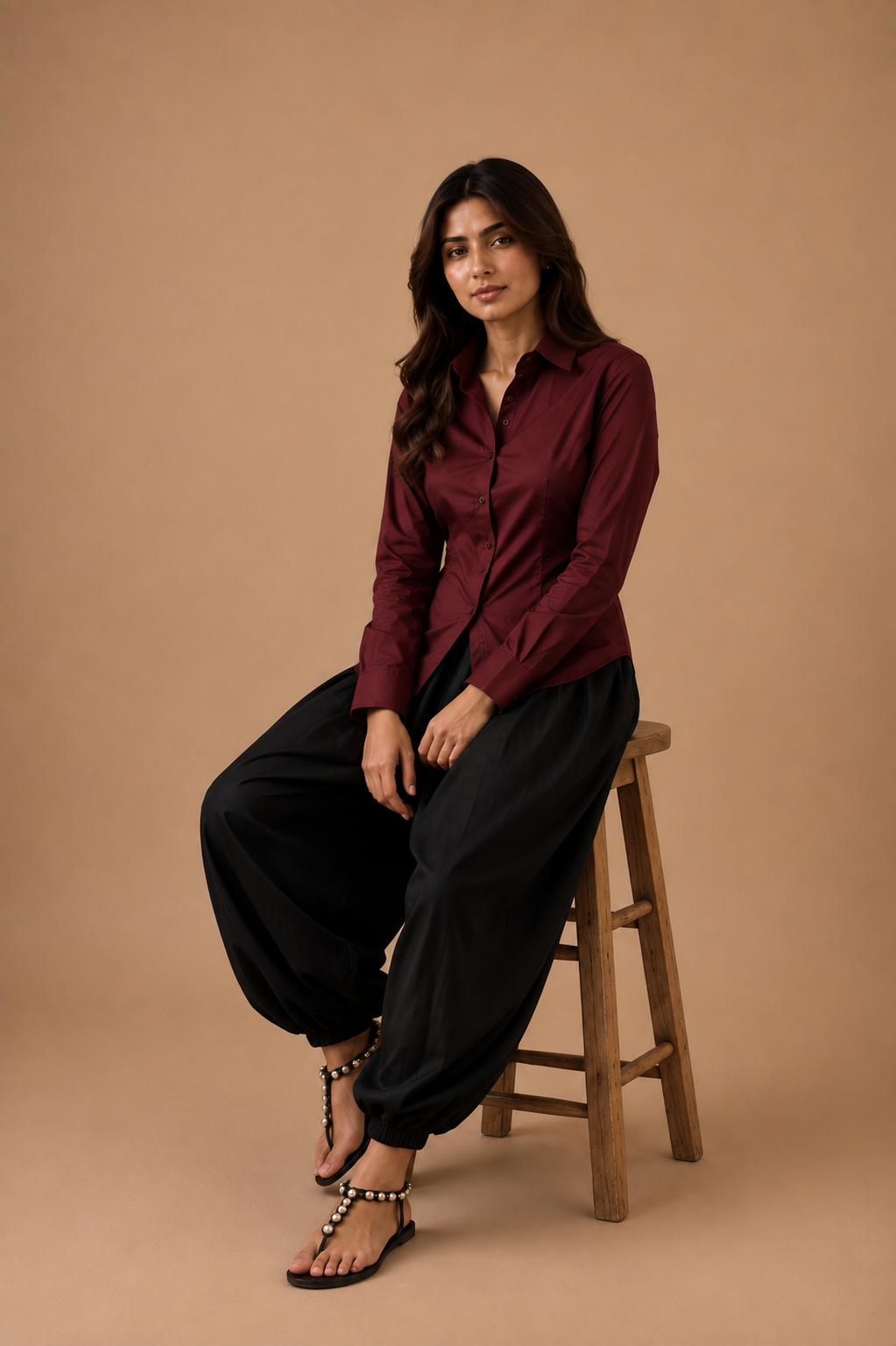 Burgundy shirt with black balloon pajama, seated styling