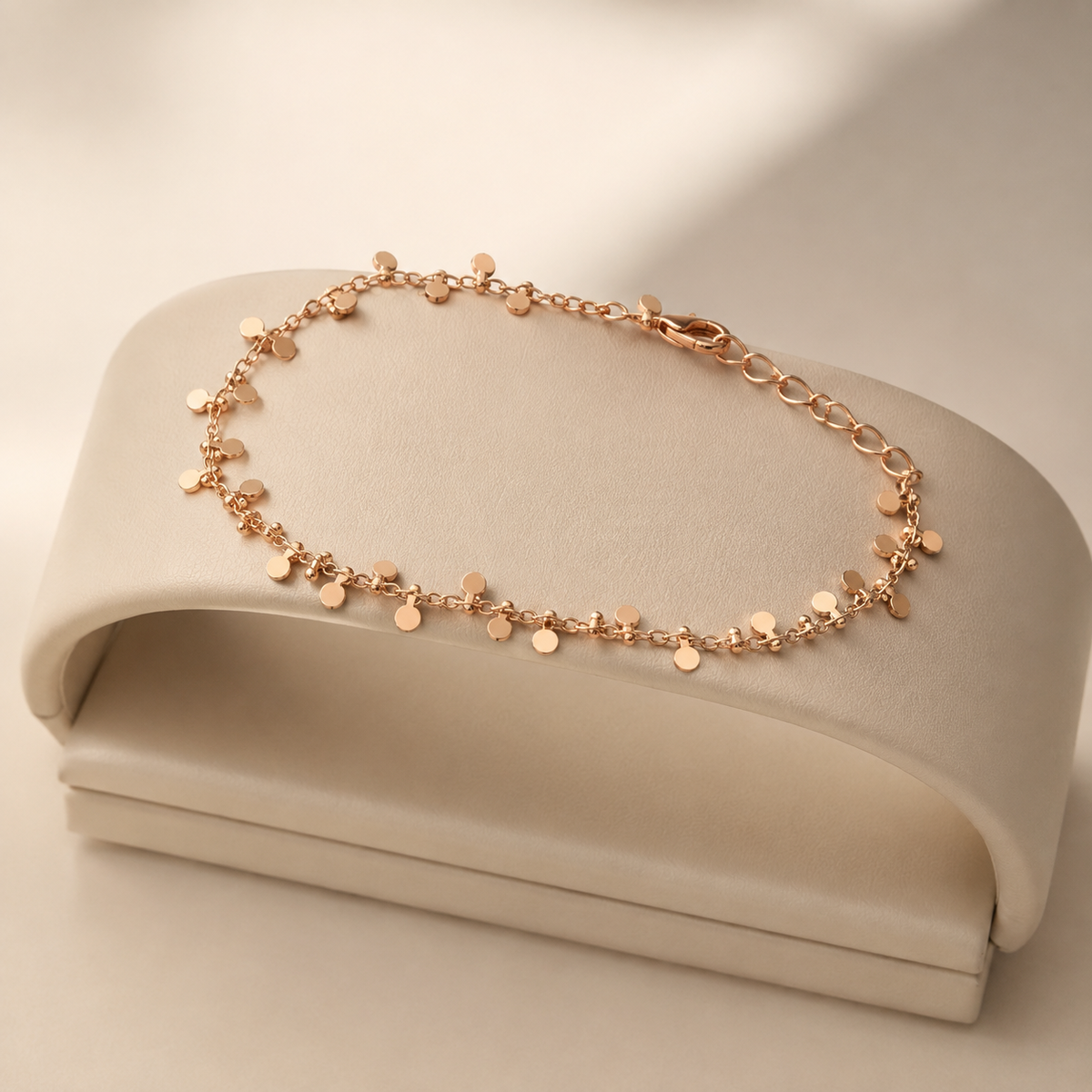 Gold disc charm anklet on a cream display stand
