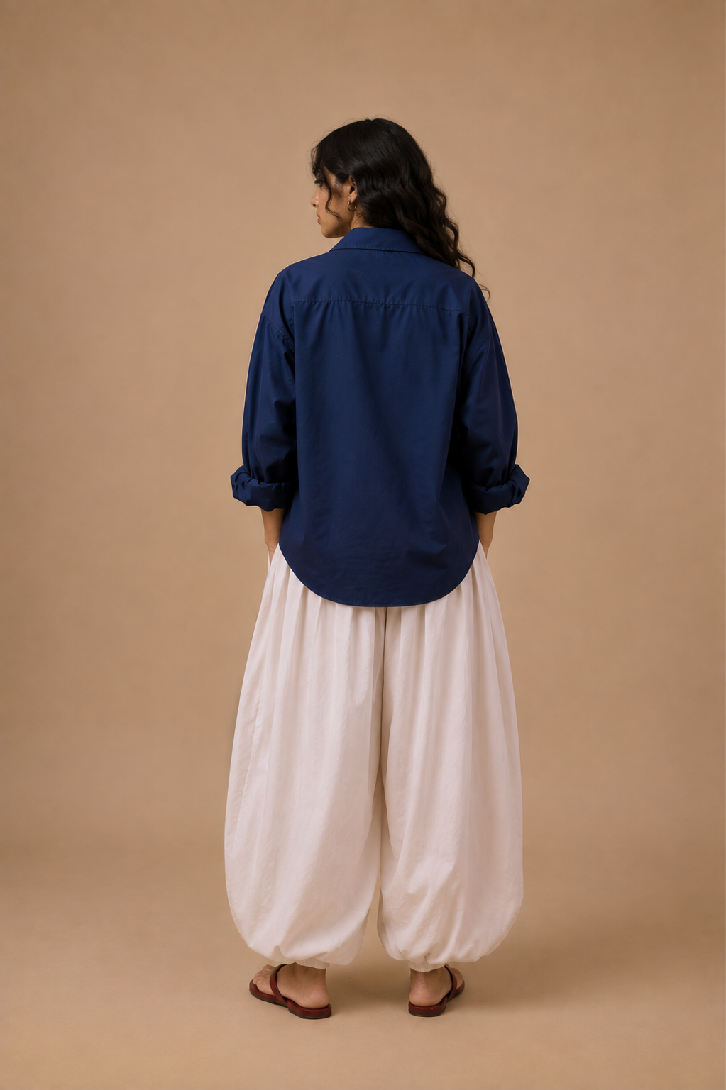 Navy relaxed shirt with white balloon pajama, back view