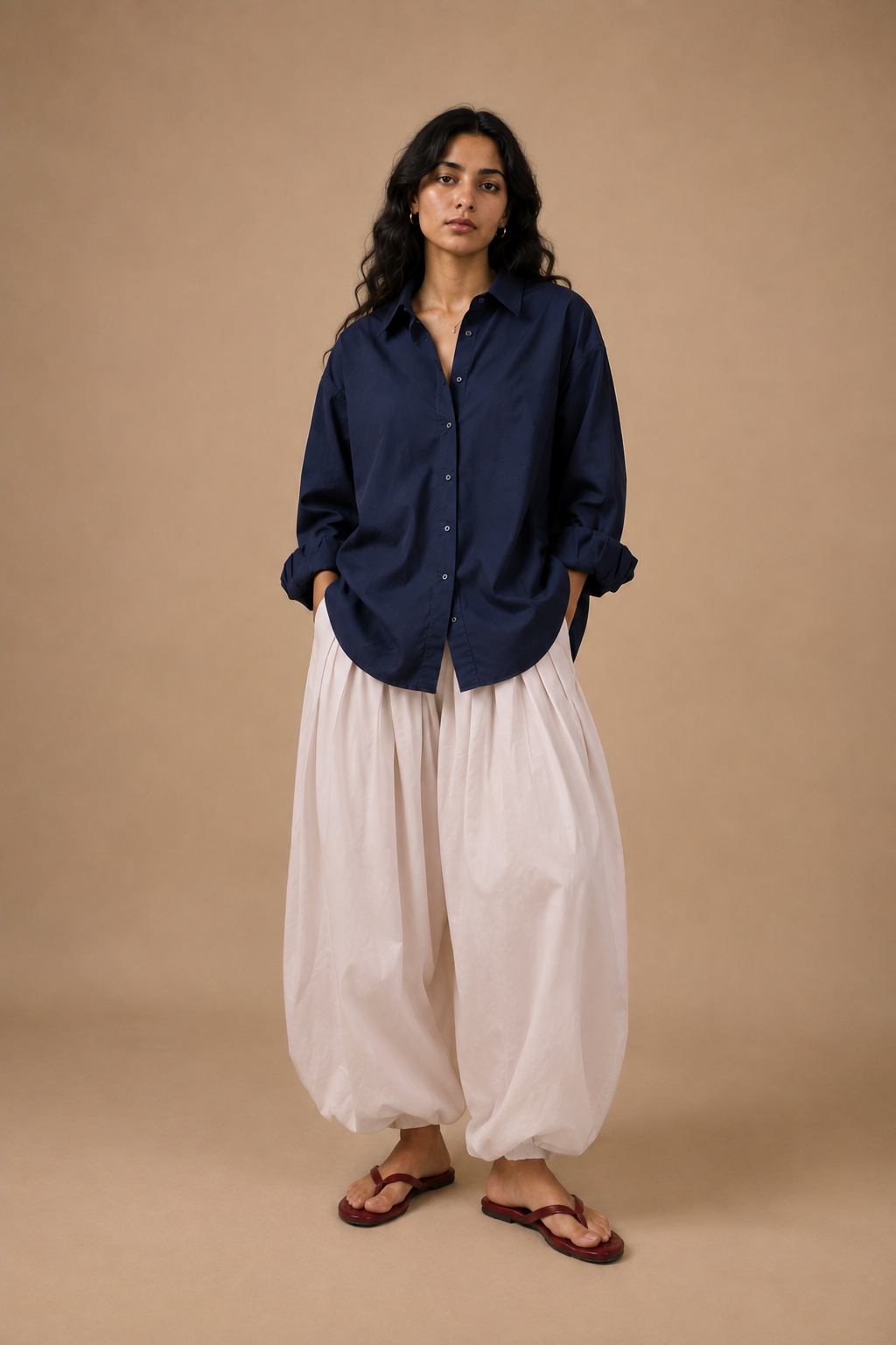 Navy relaxed shirt with white balloon pajama, front view