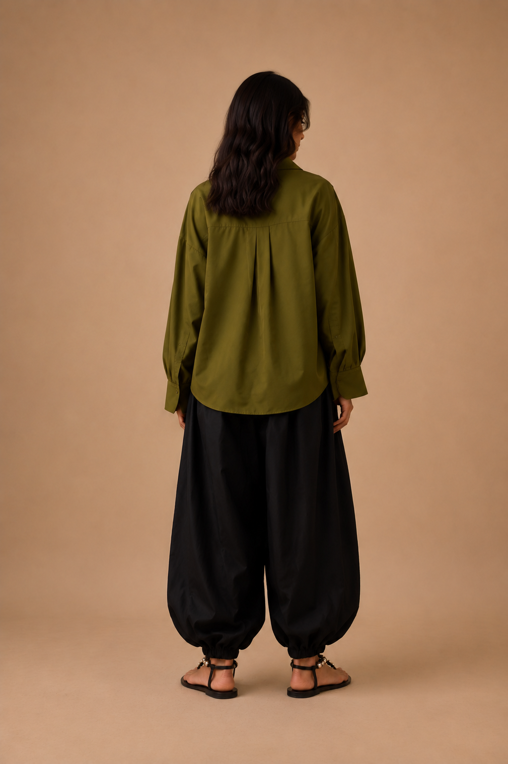 Olive relaxed shirt with black balloon pajama, back view