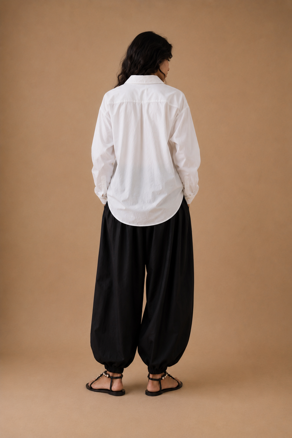 White relaxed shirt with black balloon pajama, back view