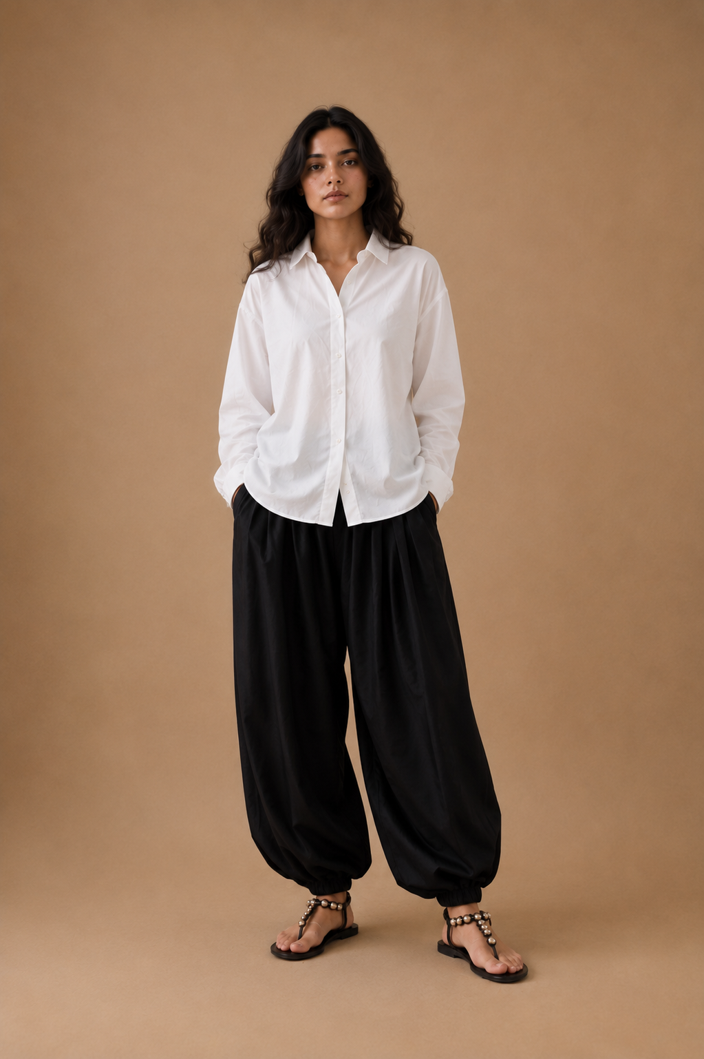 White relaxed shirt with black balloon pajama, front view